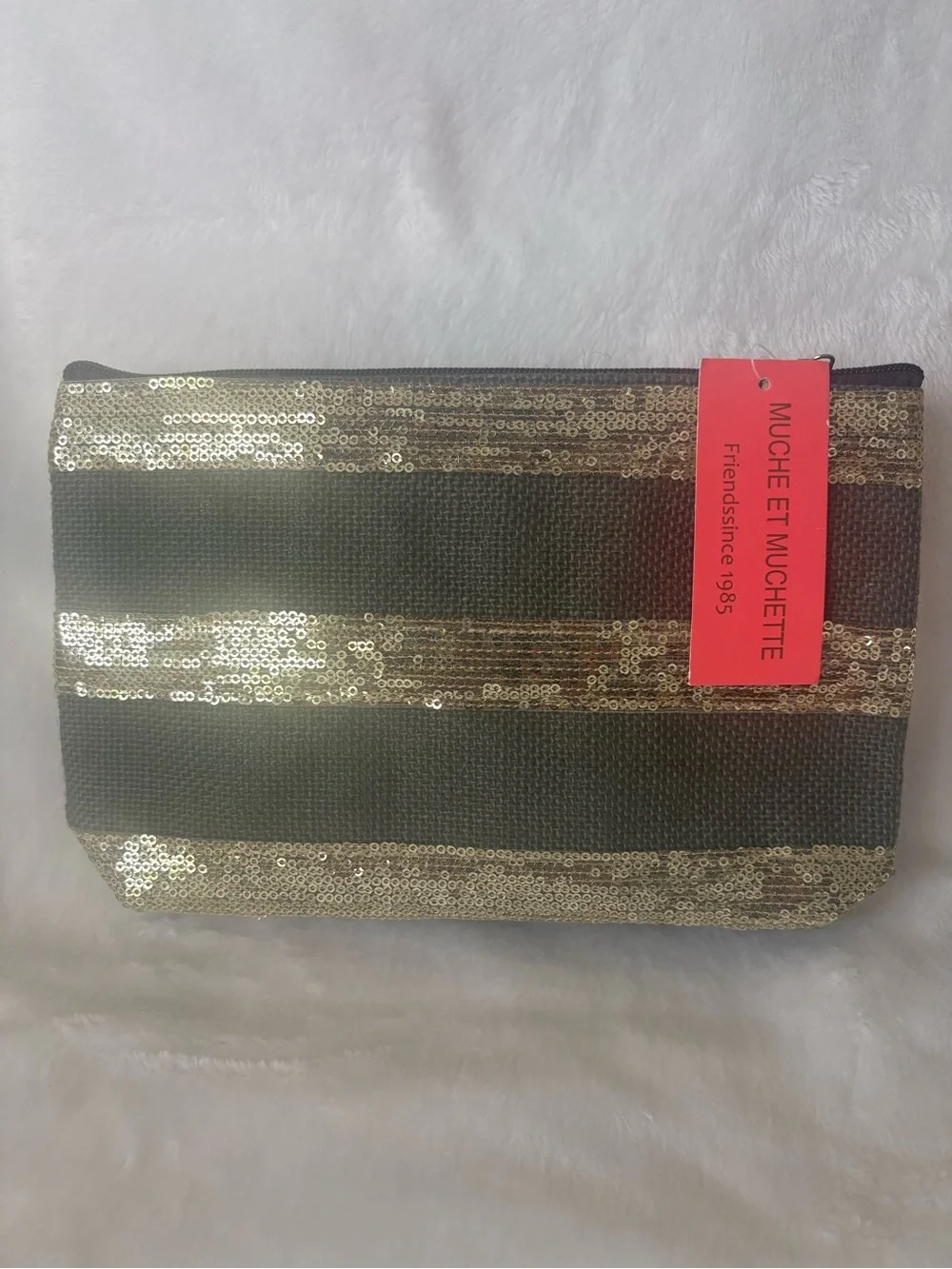 NWT Muche et Muchette Olive Green & Gold Sequin Clutch Pouch